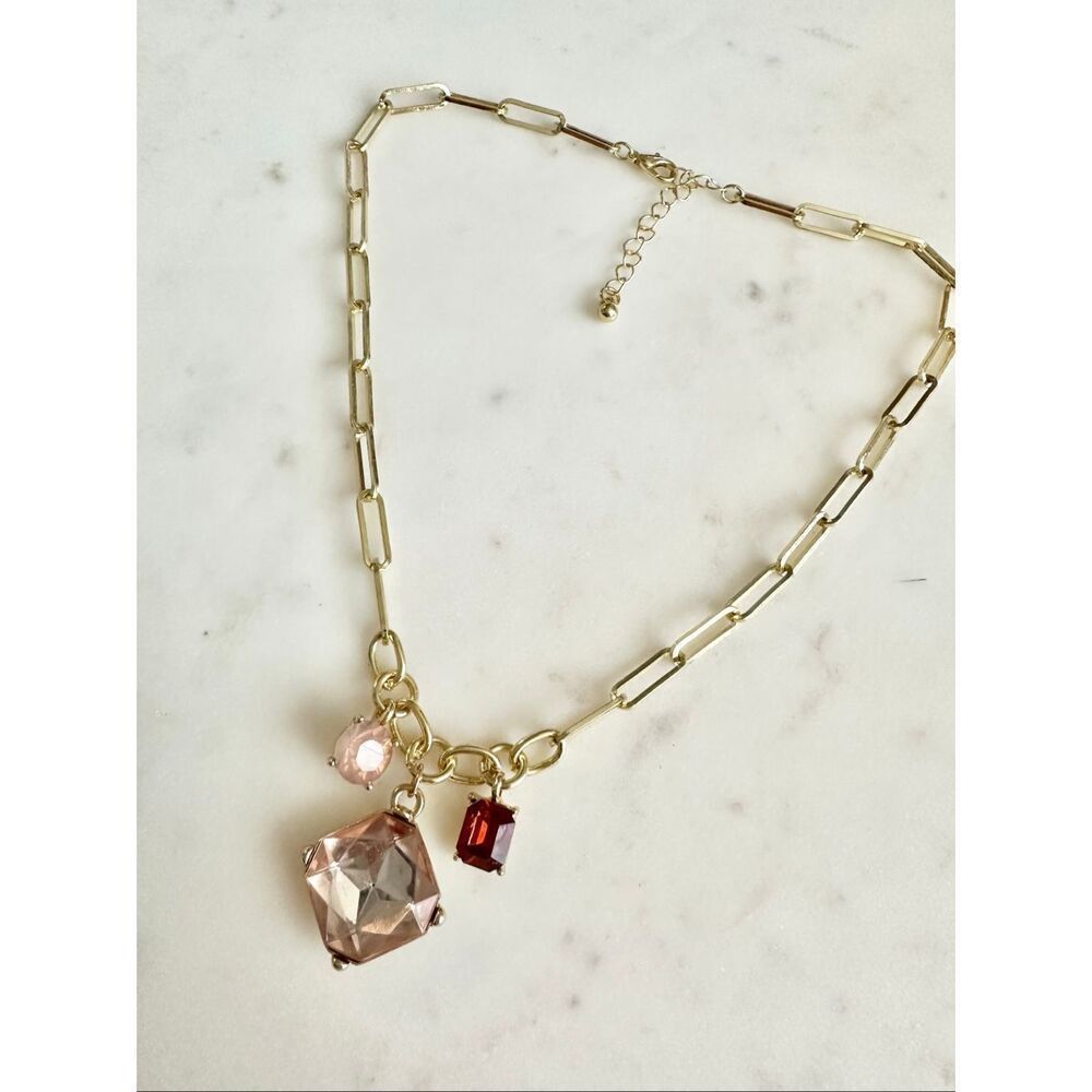 Gold Color Paperclip And Rhinestone Necklace With Shades Of Pink And Red